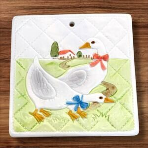 Vintage Otagiri 1983 Ceramic Tile Trivet Wall Plaque Two Blue Ribbon Goose Farm